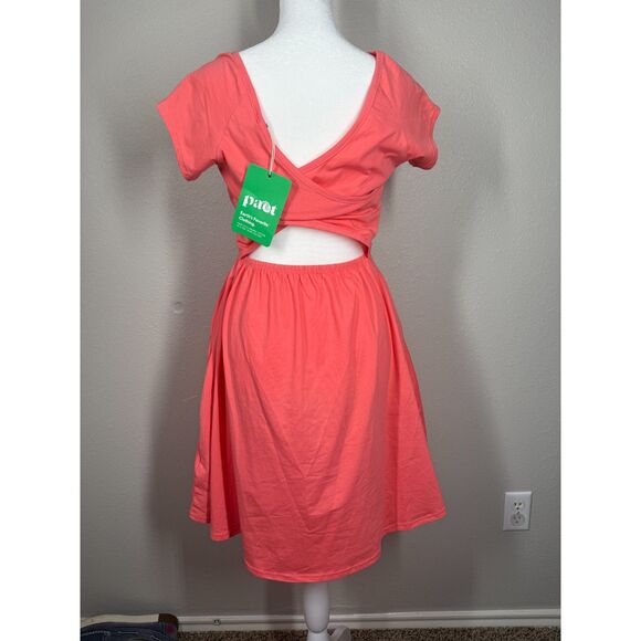 NWT Pact Womens Pink Open Back Mini Dress Sz M Criss Cross Flare Organic - Picture 5 of 9